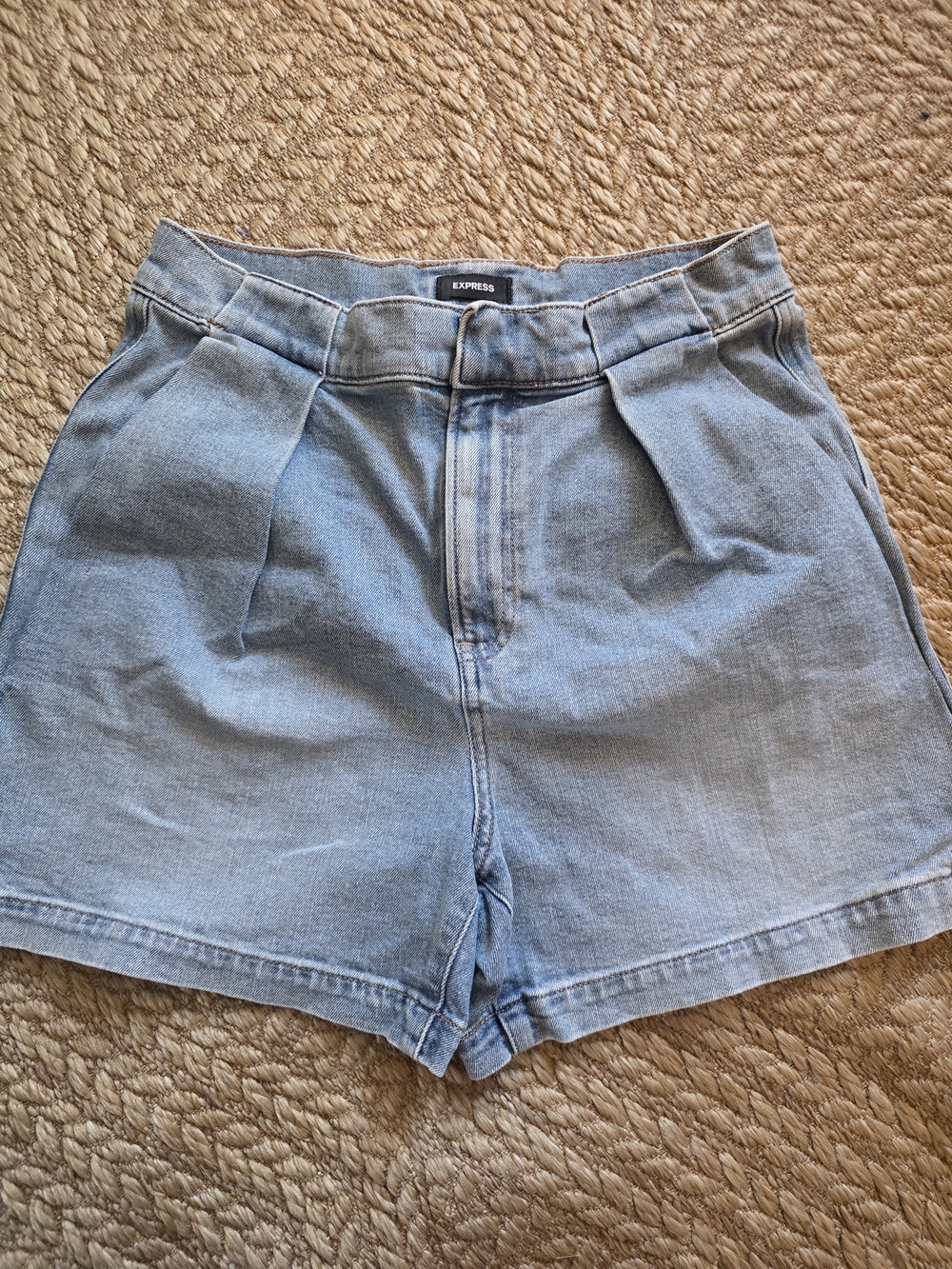 Express Light Blue High-Rise Pleated Denim Shorts